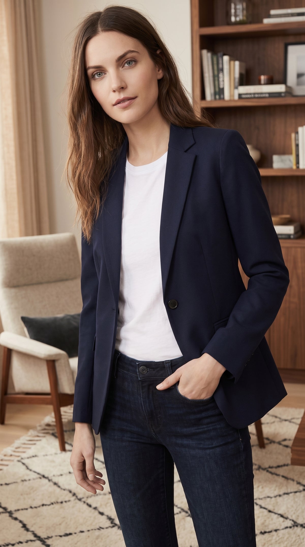 Two Button Solid Pattern Navy Women Blazer