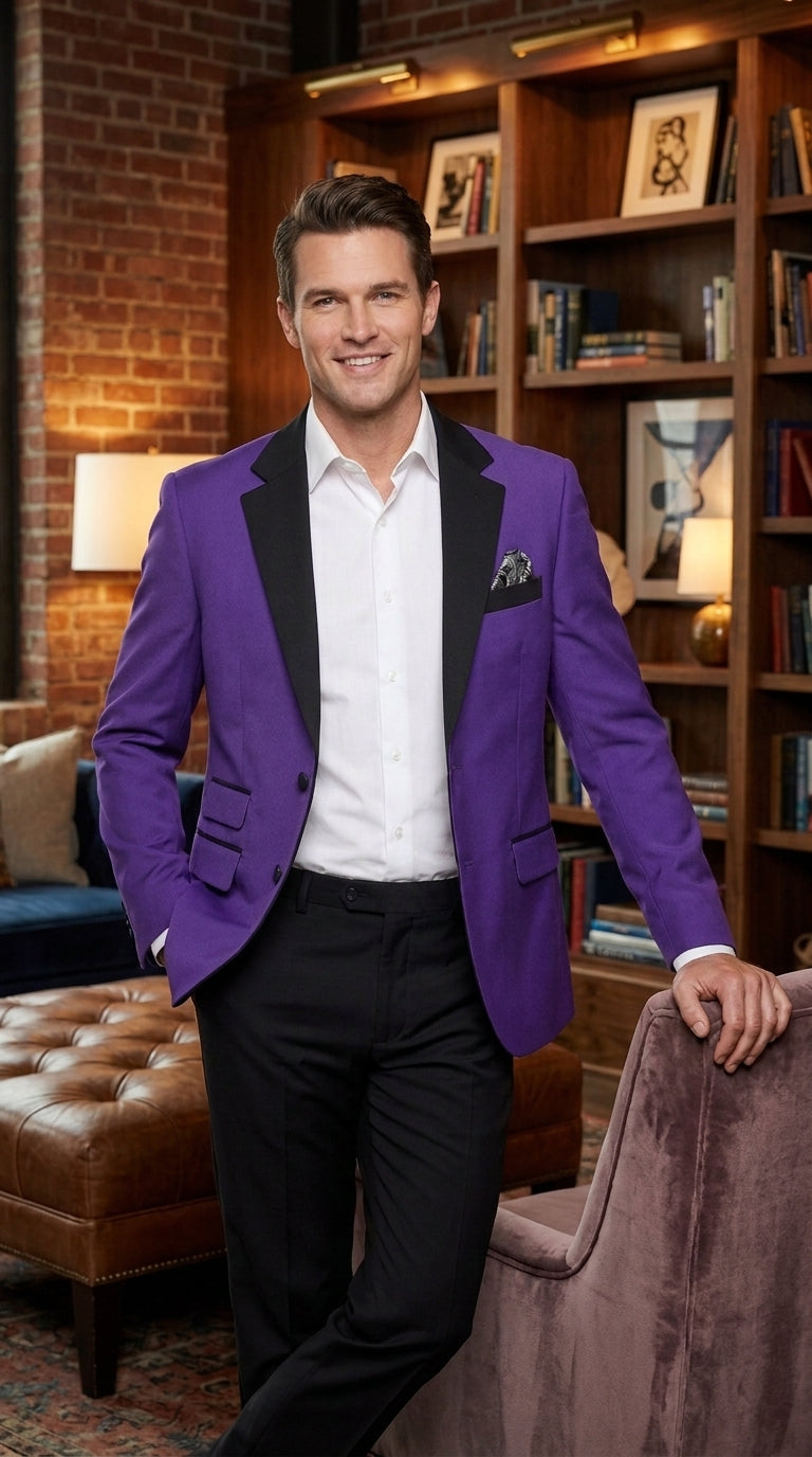 Men’s Purple Blazer with Black Lapel, Formal Dinner Jacket for Wedding Prom and Parties
