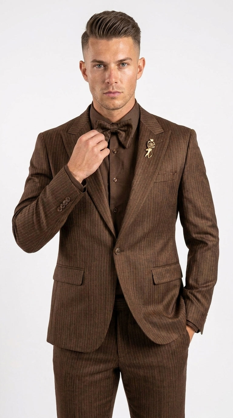 Rossiman Men’s Brown Metallic Pinstripe 4 Piece Suit, Satin Charmeuse Shirt and Tie Set