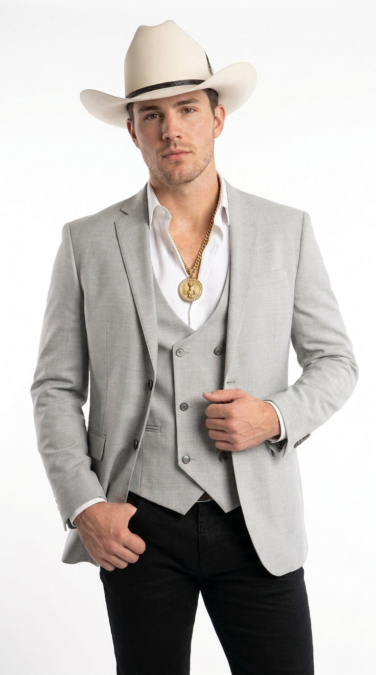 Men’s Light Gray Western Suit Blazer with Double-Breasted Vest, Modern Cowboy Formal Outfit