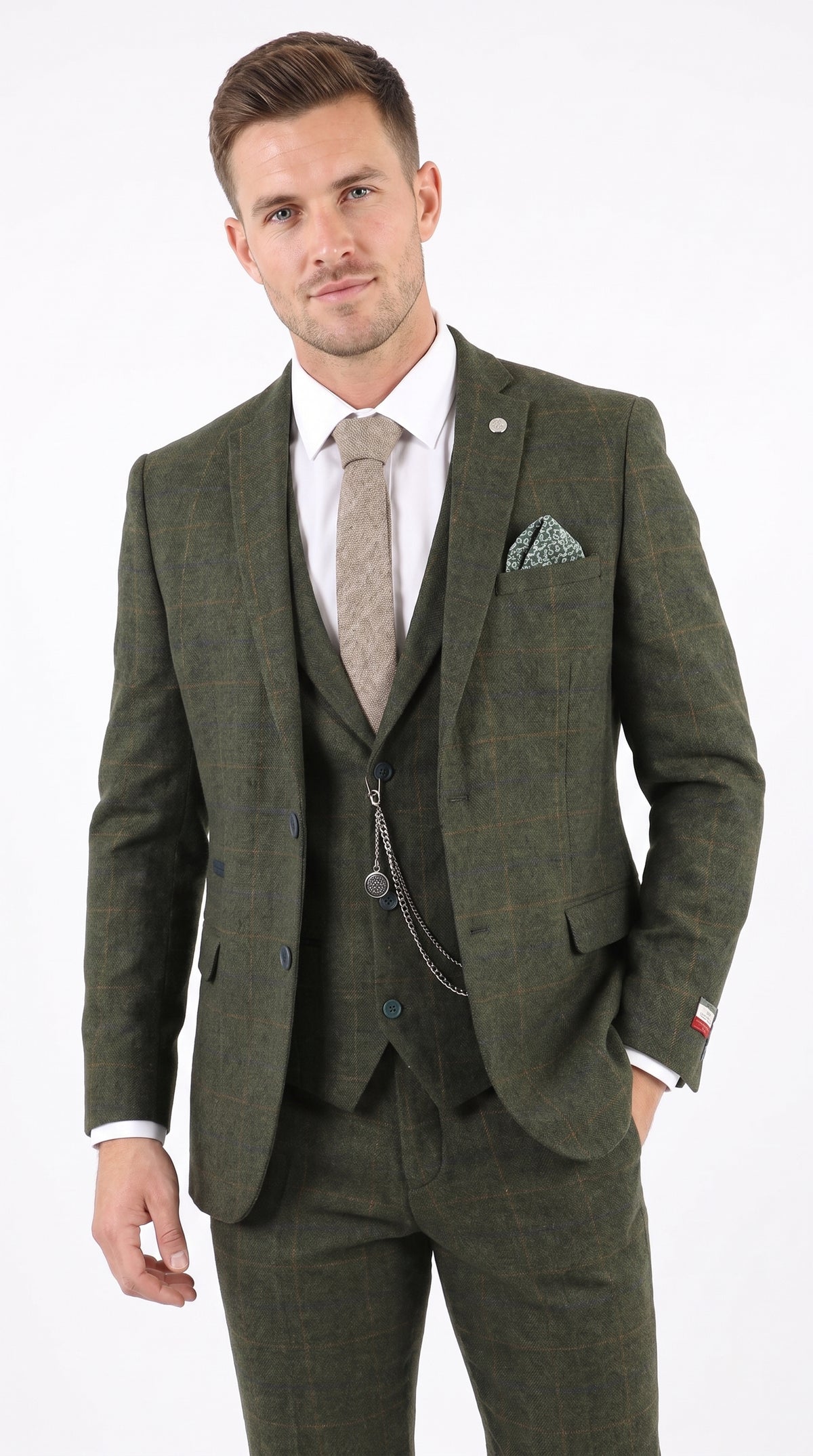 Men’s Olive Wool Tweed 3 Piece Suit, Double Breasted Vest 1920s Vintage Formal Suit
