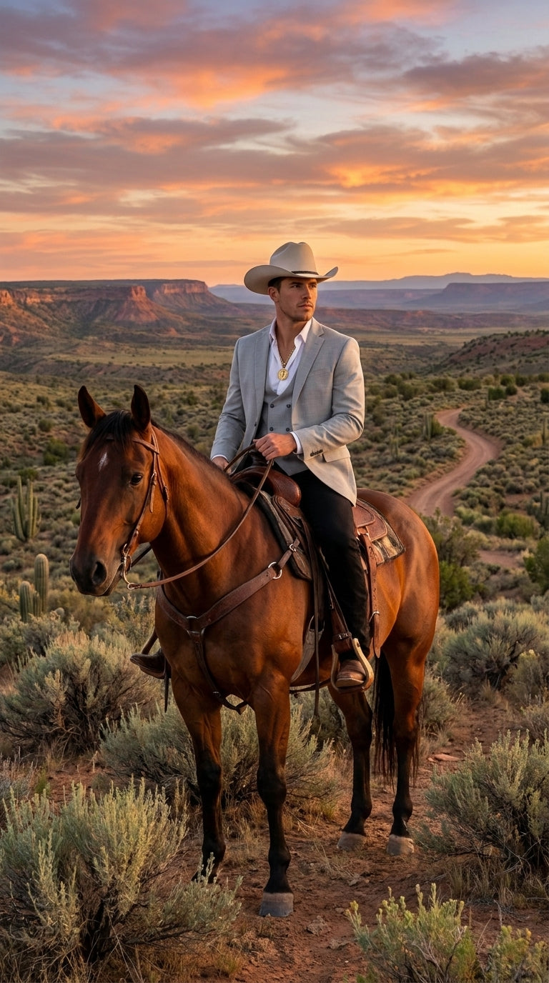 Men’s Light Gray Western Suit Blazer with Double-Breasted Vest, Modern Cowboy Formal Outfit