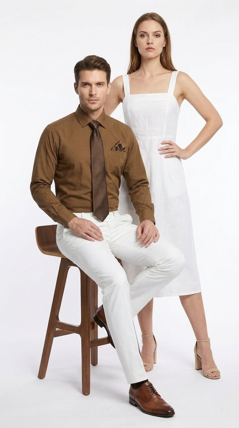 Men’s Classic Solid Dress Shirt with Tie and Handkerchief Set, Multi Color Formal Shirt SG27
