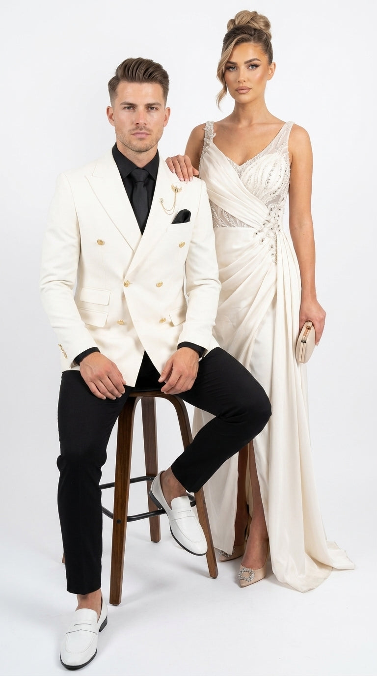 Men’s Ivory Double Breasted Blazer with Gold Buttons, Formal Wedding Prom Sport Coat