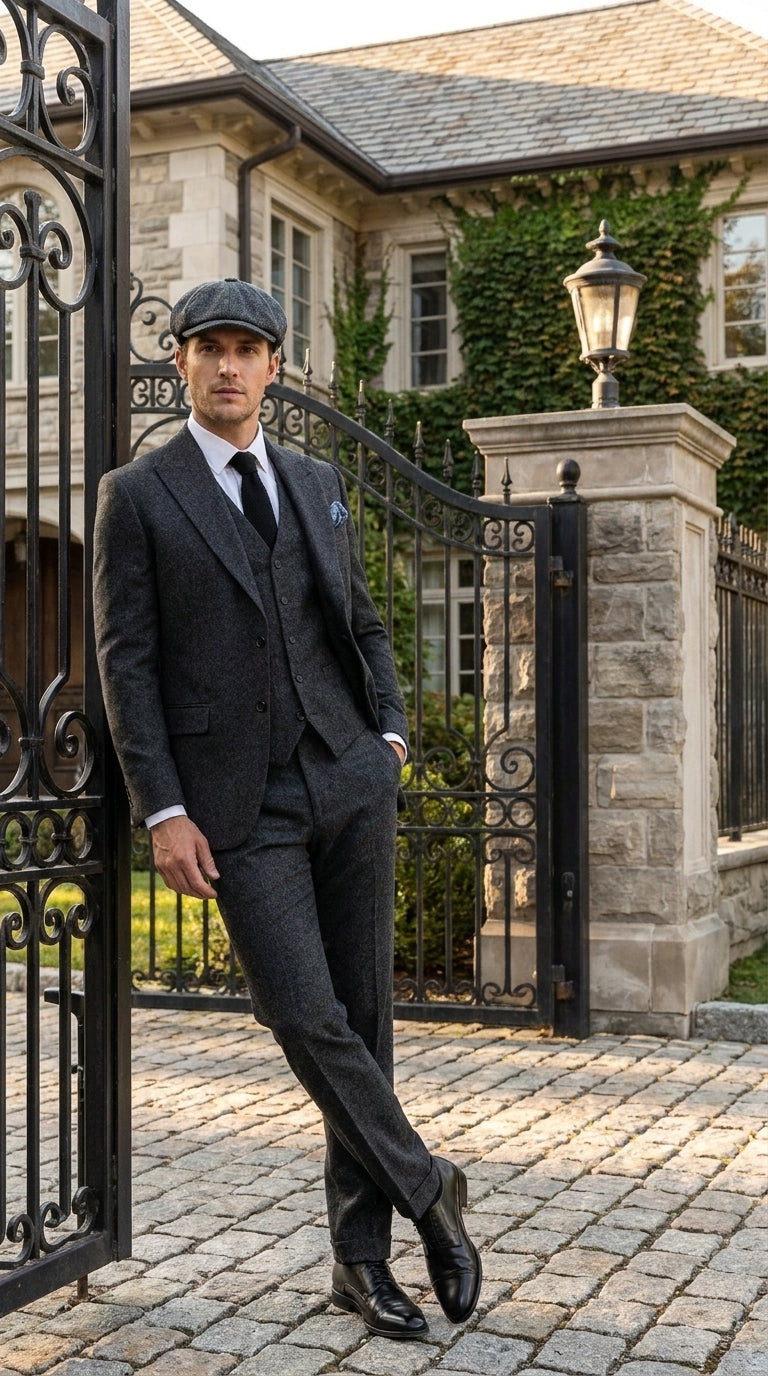 Men’s Heritage Charcoal Tweed 3 Piece Suit, Peaky Blinders Inspired Classic Formal Dress Suit