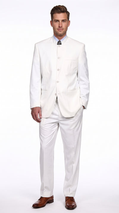 Men’s White 5 Button Mandarin Collar Suit, Designer Brand All White Formal Wedding Dress Suit