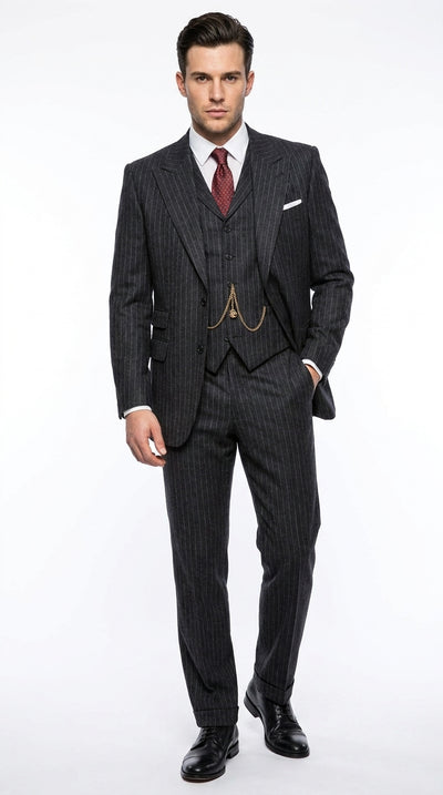 Men’s Michael Gray 1920s Pinstripe Gangster Suit, Vintage 3 Piece Formal Dress Suit