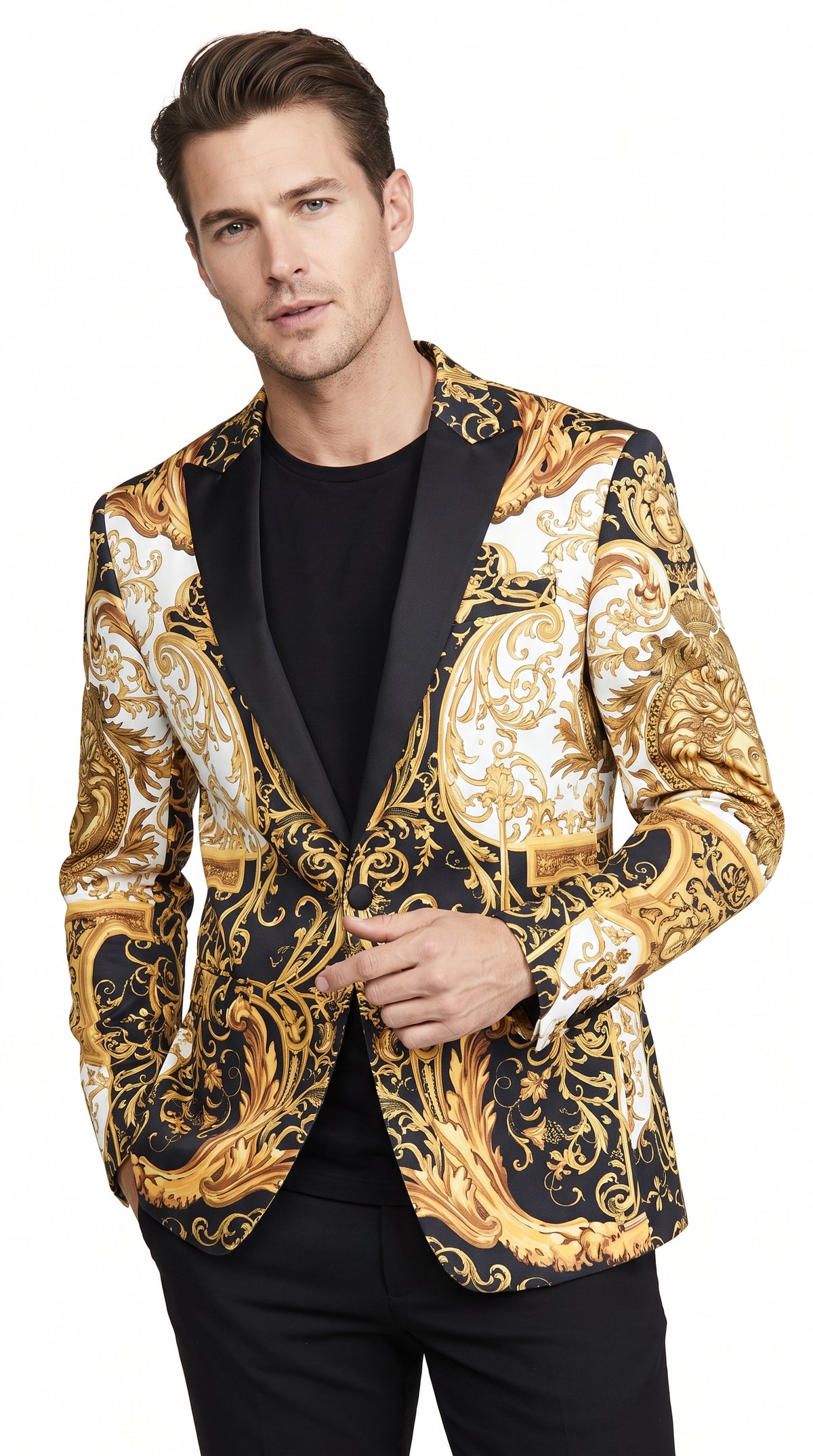 Men’s Black and Gold Baroque Blazer, Luxury Pattern Formal Party Sport Coat