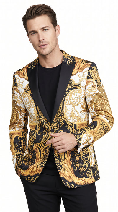 Men’s Black and Gold Baroque Blazer, Luxury Pattern Formal Party Sport Coat