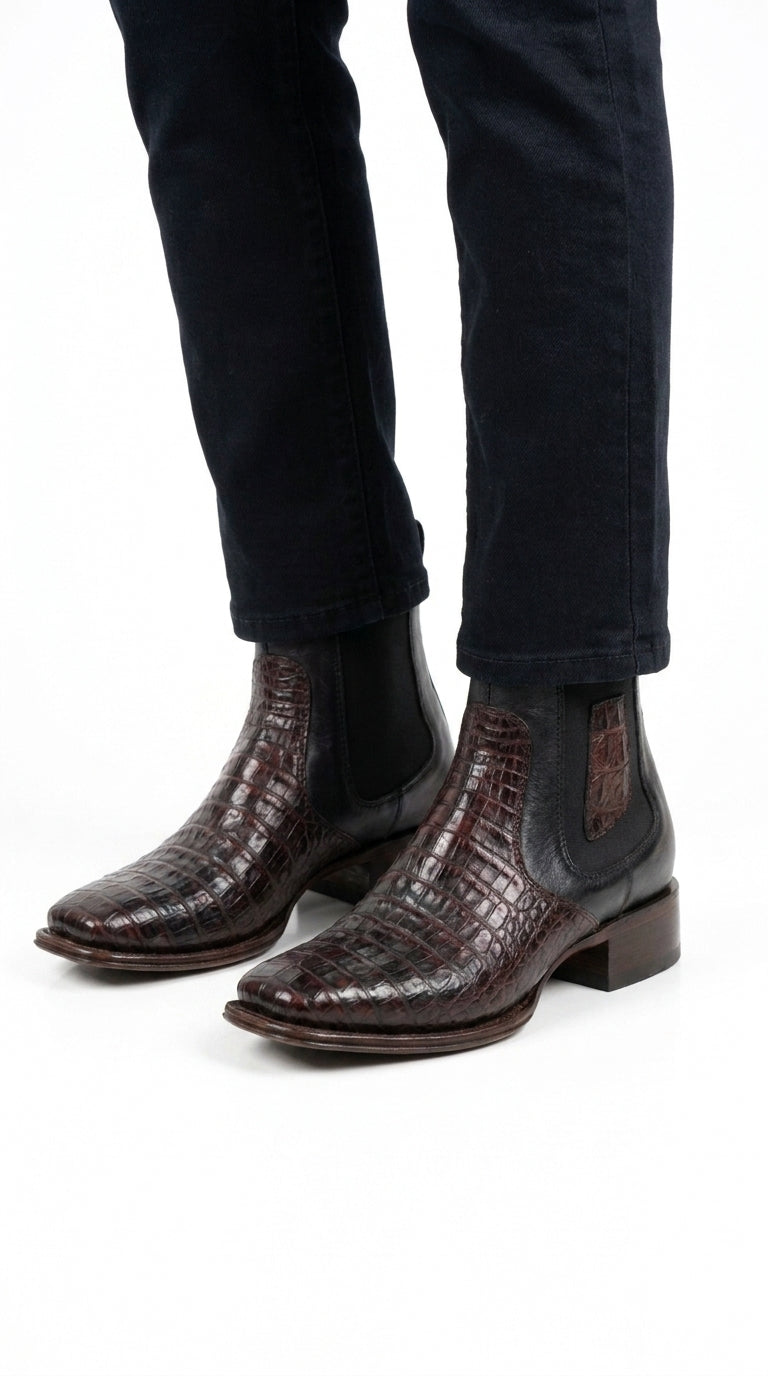 Men’s Black Cherry Short Caiman Boots, Square Toe Exotic Dress Ankle Boots