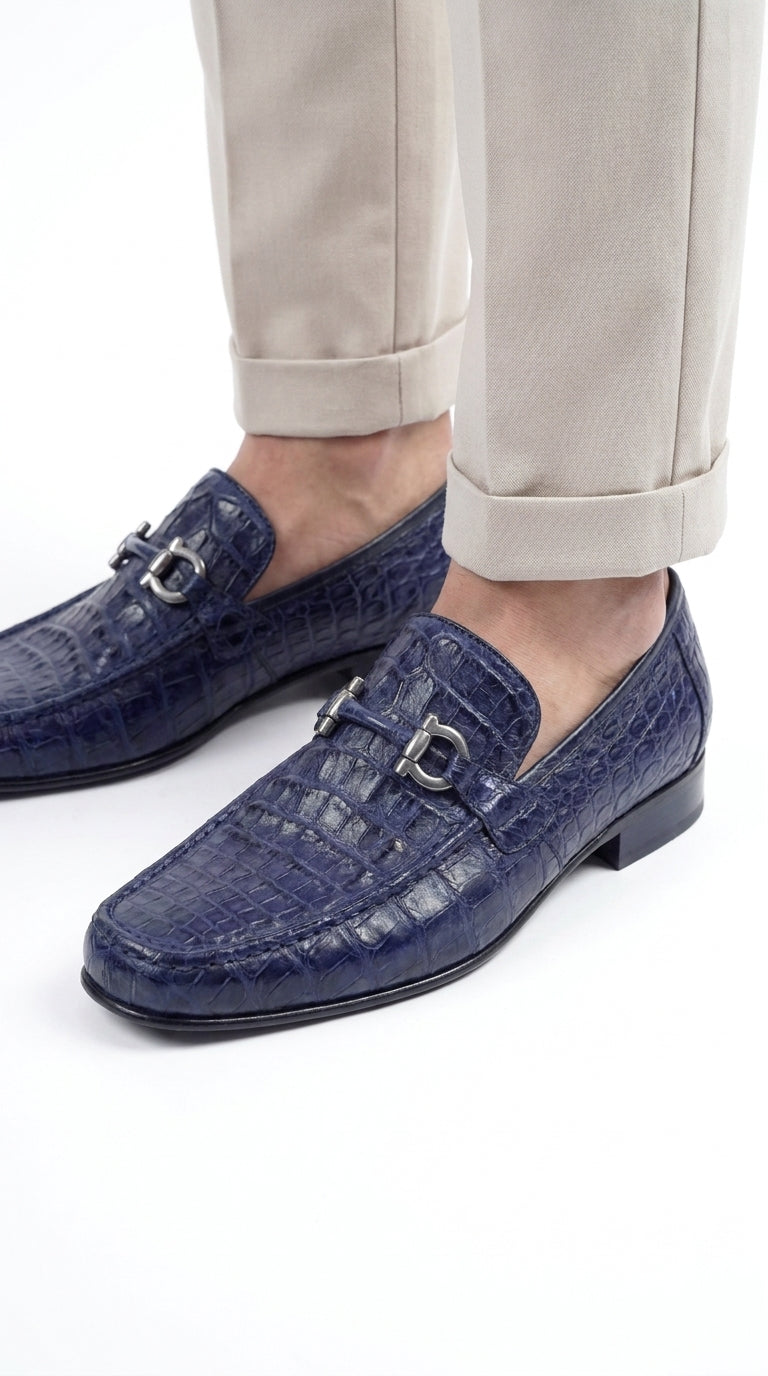 Men’s Navy Genuine Caiman Belly Loafers, Crocodile Texture Exotic Formal Dress Shoes