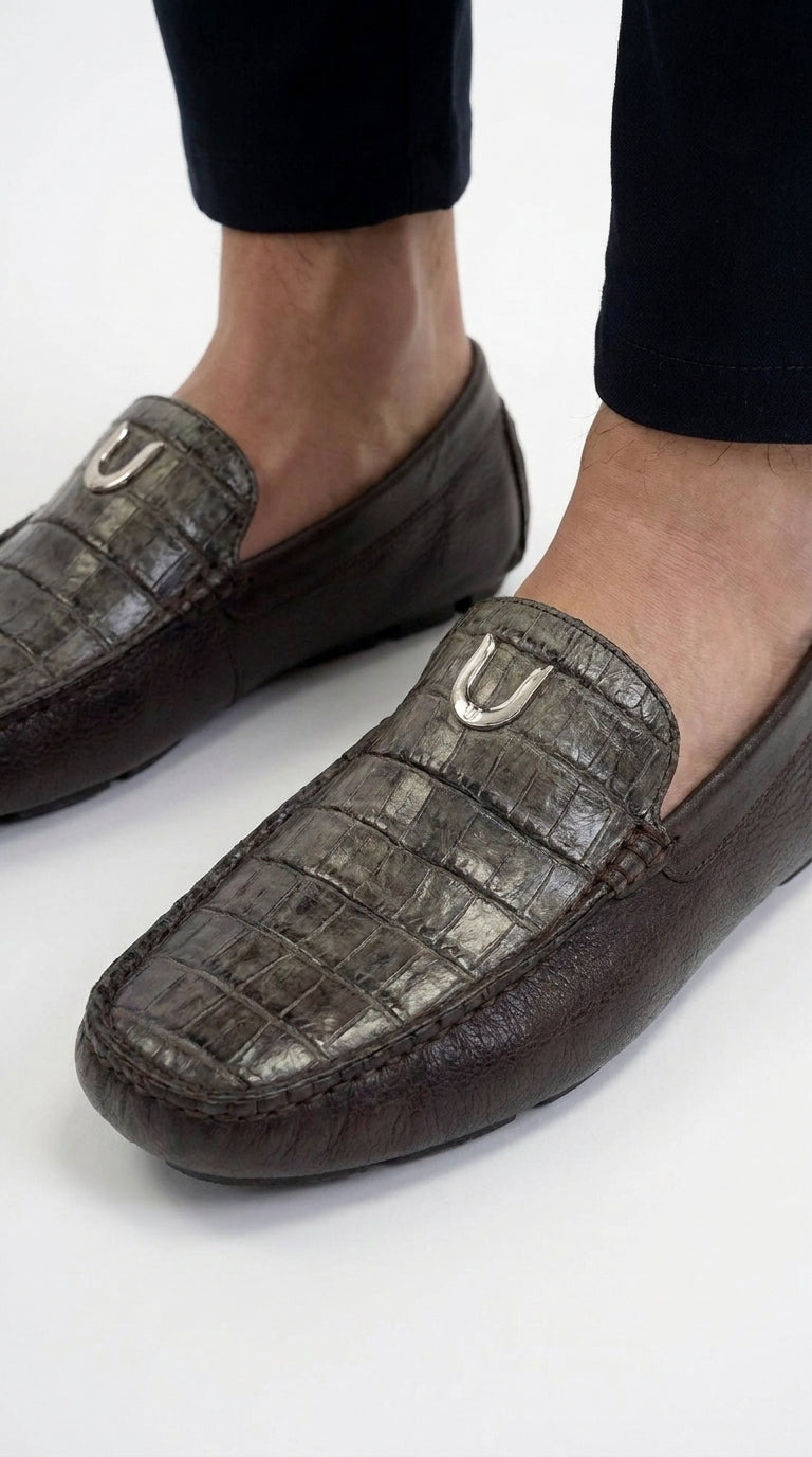 Vestigium Men’s Brown Genuine Caiman Belly Loafers, Handcrafted Alligator Texture Dress Shoes