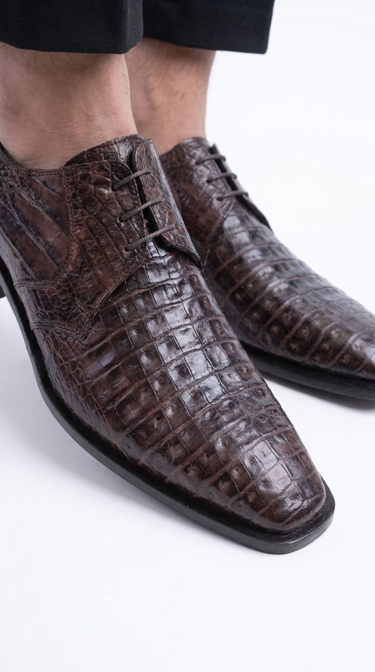 Men’s Brown Crocodile Italian Gator Shoes, Exotic Lace-Up Formal Dress Shoes