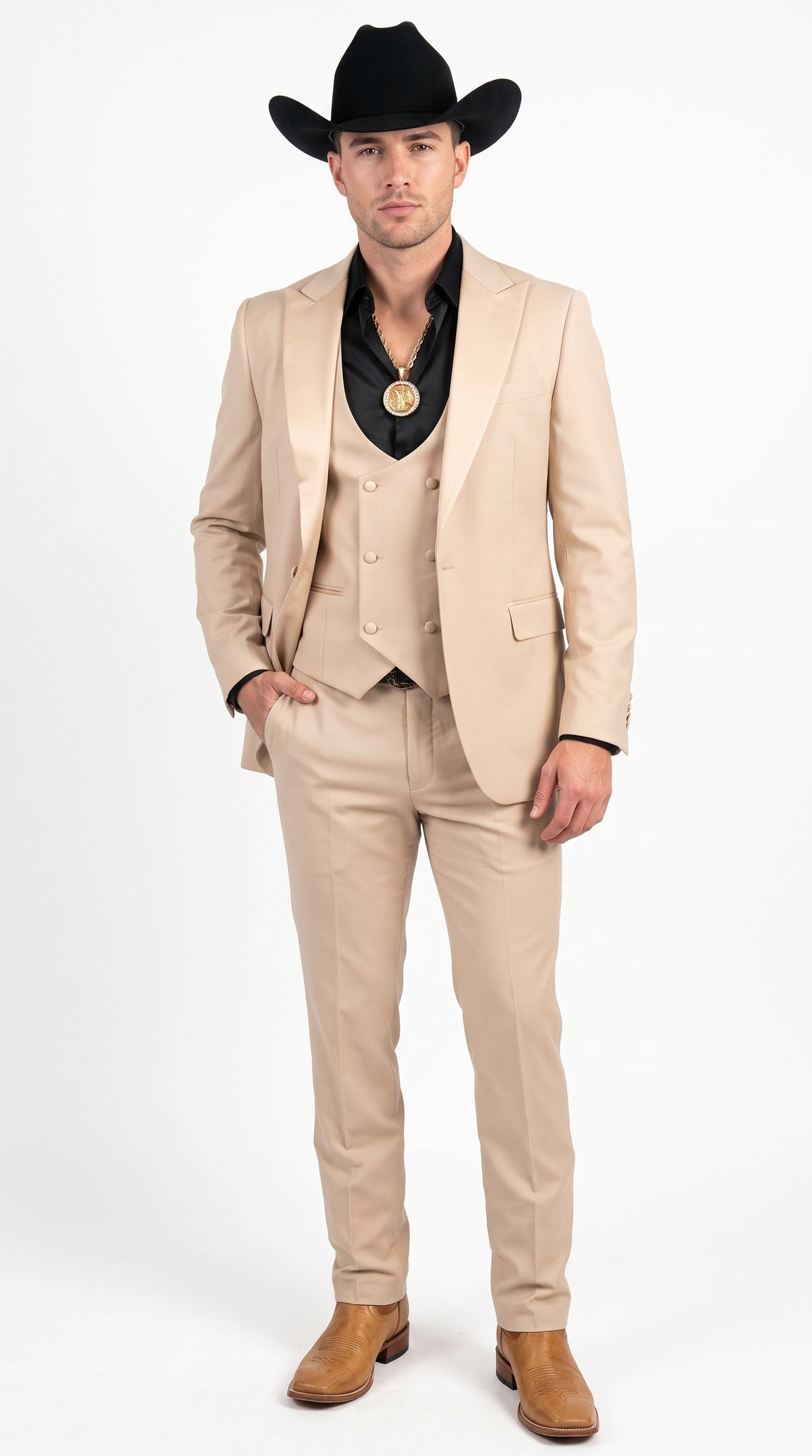Men’s Light Beige Western 3 Piece Suit, Cowboy Tuxedo with Shawl Lapel Formal Wedding Outfit