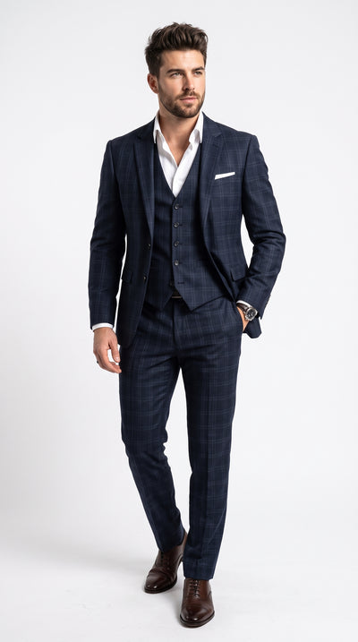 Men’s Navy Plaid Windowpane 3 Piece Suit, Ultra Slim Fit Vested Formal Wedding Business Suit