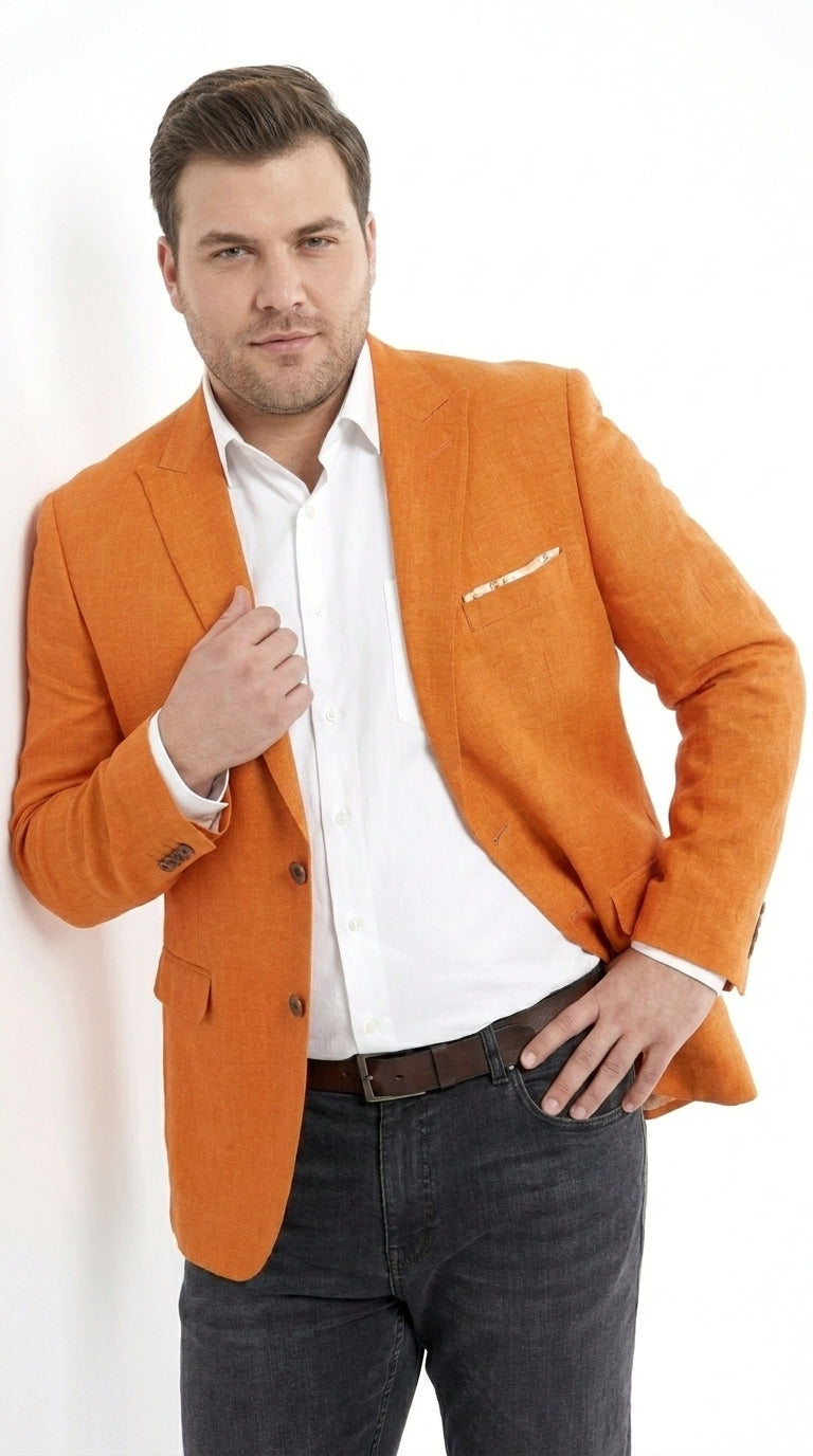 Empire Men’s Orange Two Button Summer Blazer, Lightweight Dress Sport Coat for Parties and Weddings