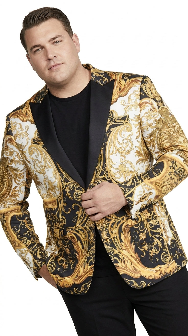 Men’s Black and Gold Baroque Blazer, Luxury Pattern Formal Party Sport Coat