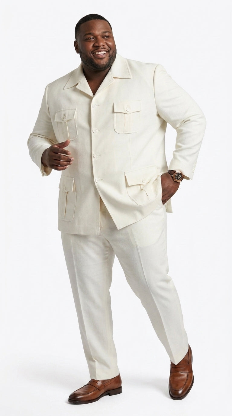 Men’s Off White Casual Safari Suit BP8102, Pocket Front Shirt Jacket and Pants Set