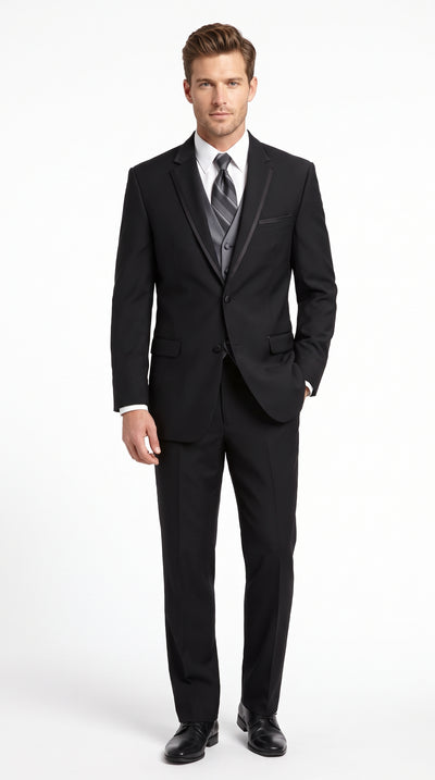 Men’s Black 3-Piece Wool Suit with Gray Vest – 2 Button Wedding, Prom & Formal Vested Suit