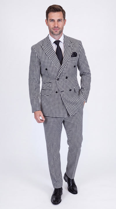 Men's Black & White Houndstooth Double Breasted Wool Suit – Designer 6-Button Formal Wedding, Prom & Business Suit