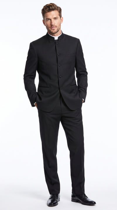 Men’s Black Mandarin Banded Collar Tuxedo, 5 Button Formal Wedding Prom Suit