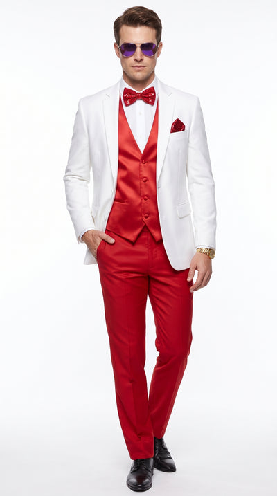 Men’s White and Red Tuxedo Wedding Suit Set, Formal Groom Prom Dinner Suit