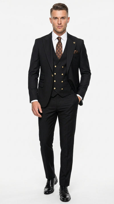 Men’s Black Wool Suit with Gold Buttons, One Button Formal Wedding Business Suit with Double Breasted Vest