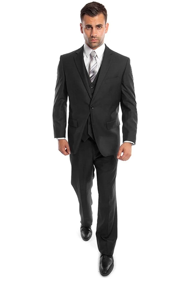 Men's Two Button Black Vested Suit