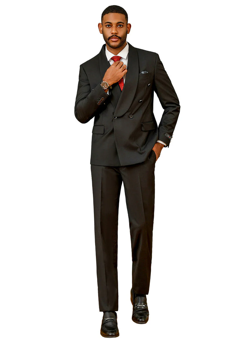 Mens Modern Fit Double Breasted Shawl Lapel Suit in Black