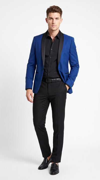 Men’s Blue 1 Button Blazer with Black Pants, Formal Prom Wedding Party Suit Set
