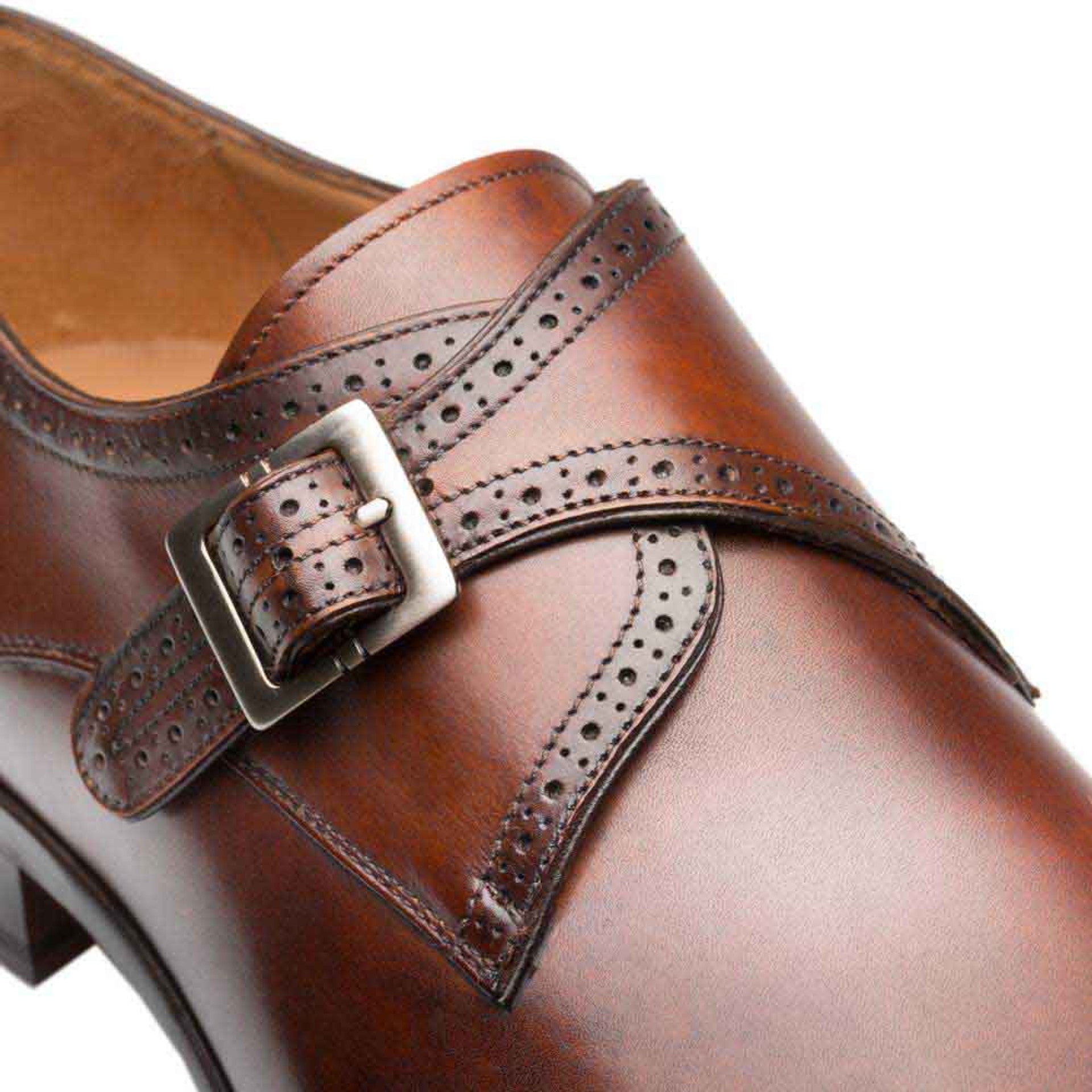 Mezlan Wing Tip Monk Strap in Cognac Calfskin