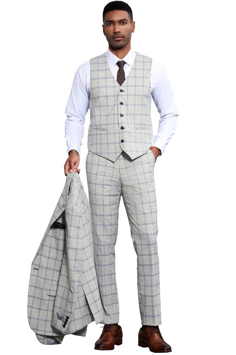 Stacy Adams Grey & Blue Windowpane Plaid Suit