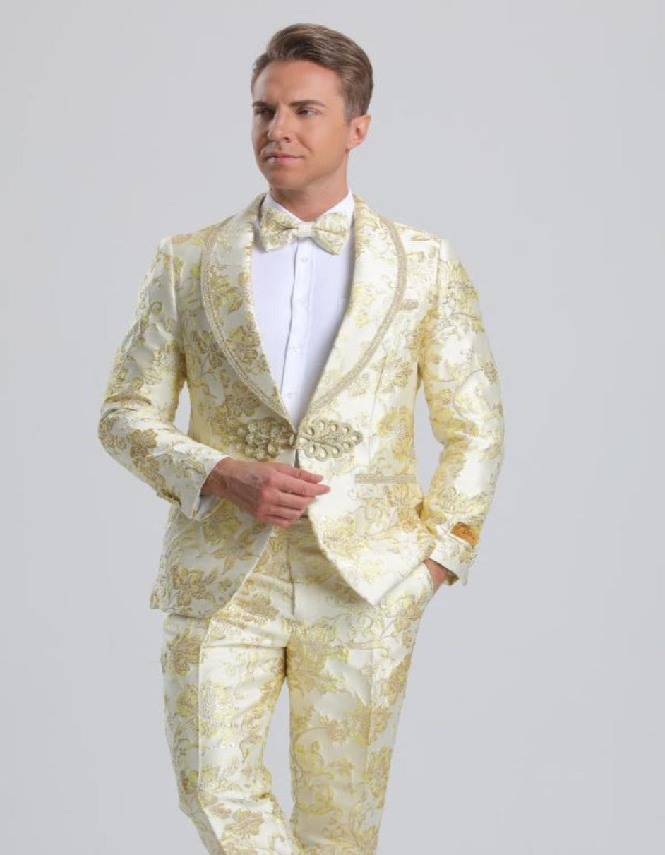 Ivory & Gold Paisley Prom Tuxedo with Trim