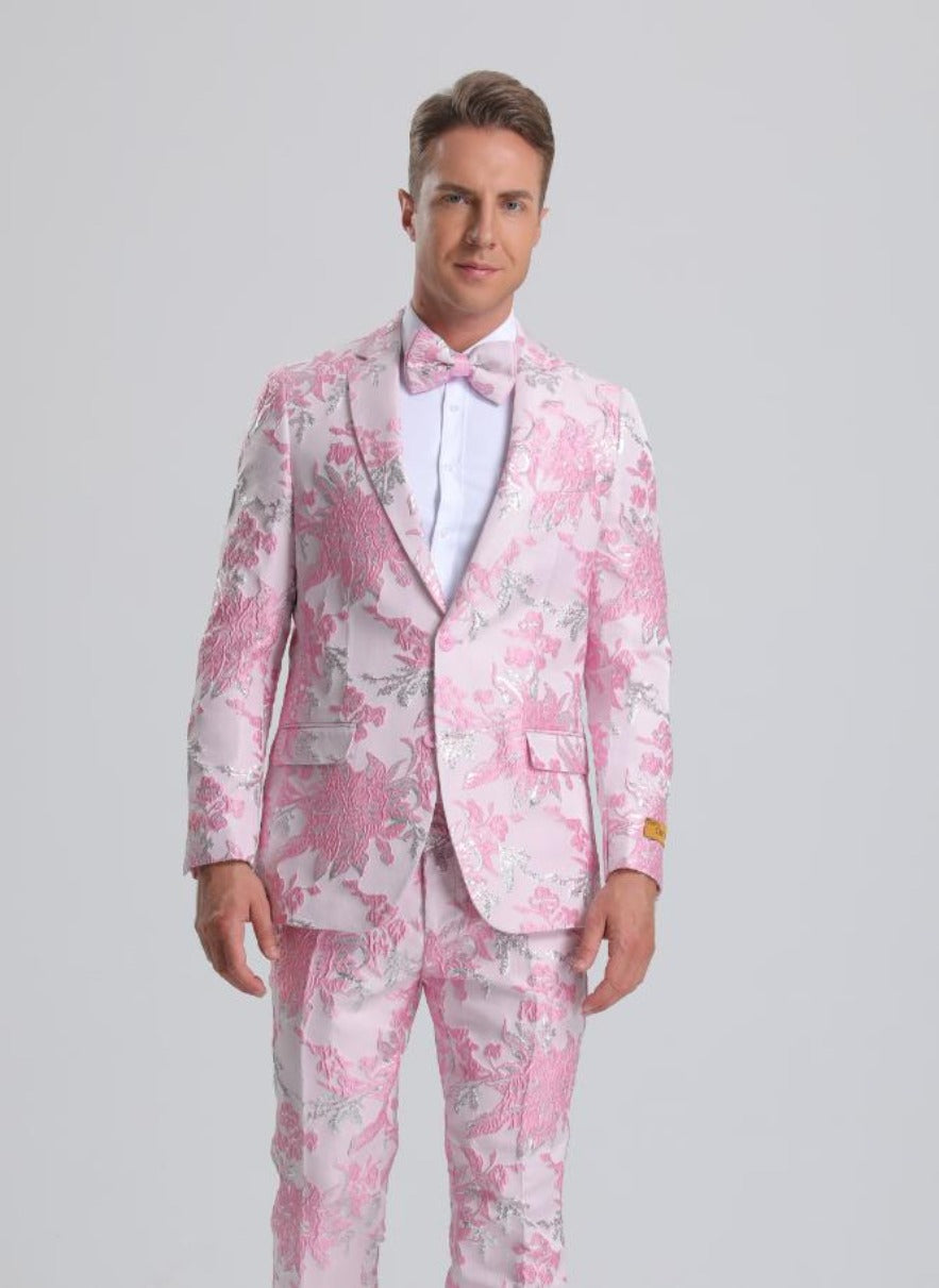 Floral Paisley Prom Tuxedo in Pink & Silver
