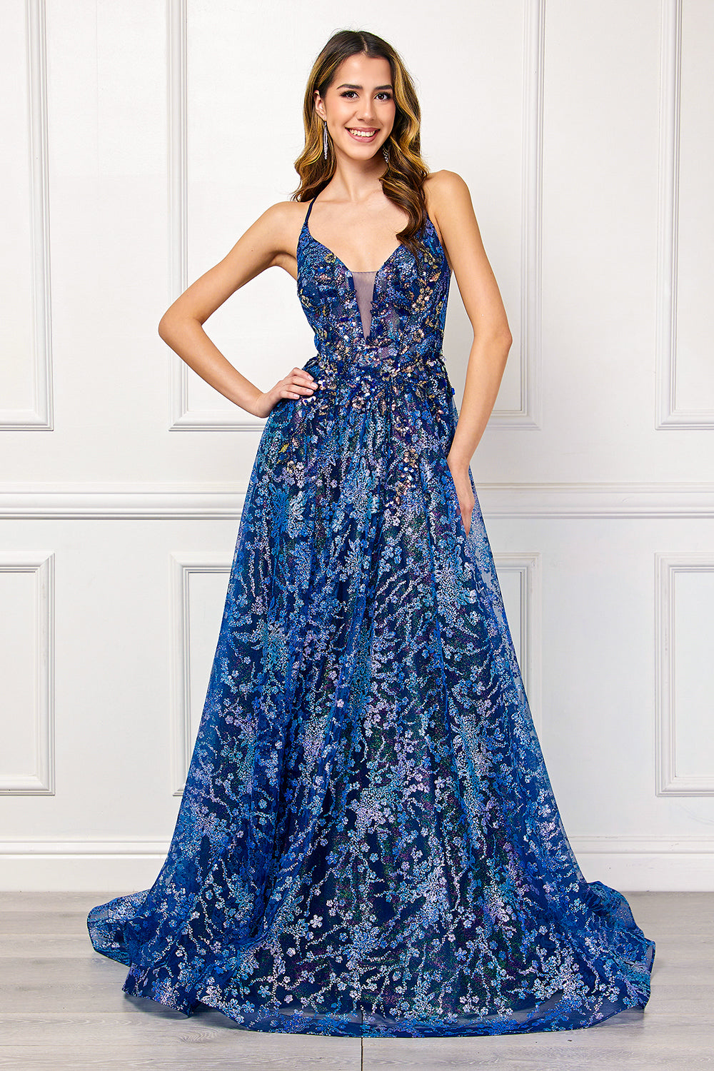 Formal Dress V-Neck Sequin Sleeveless Prom Gown By Amelia Couture 4050