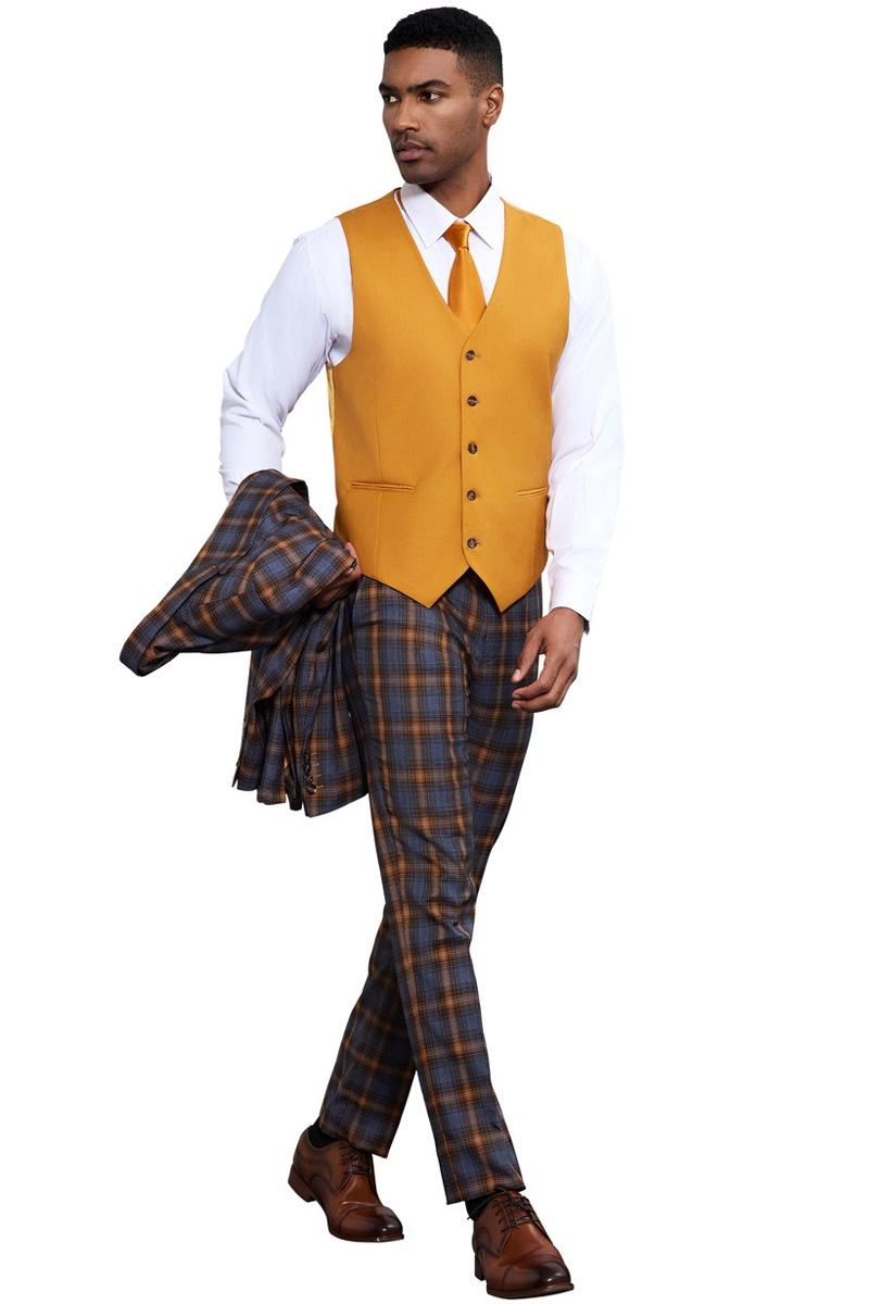 Stacy Adams Plaid Vested Suit in Grey & Gold