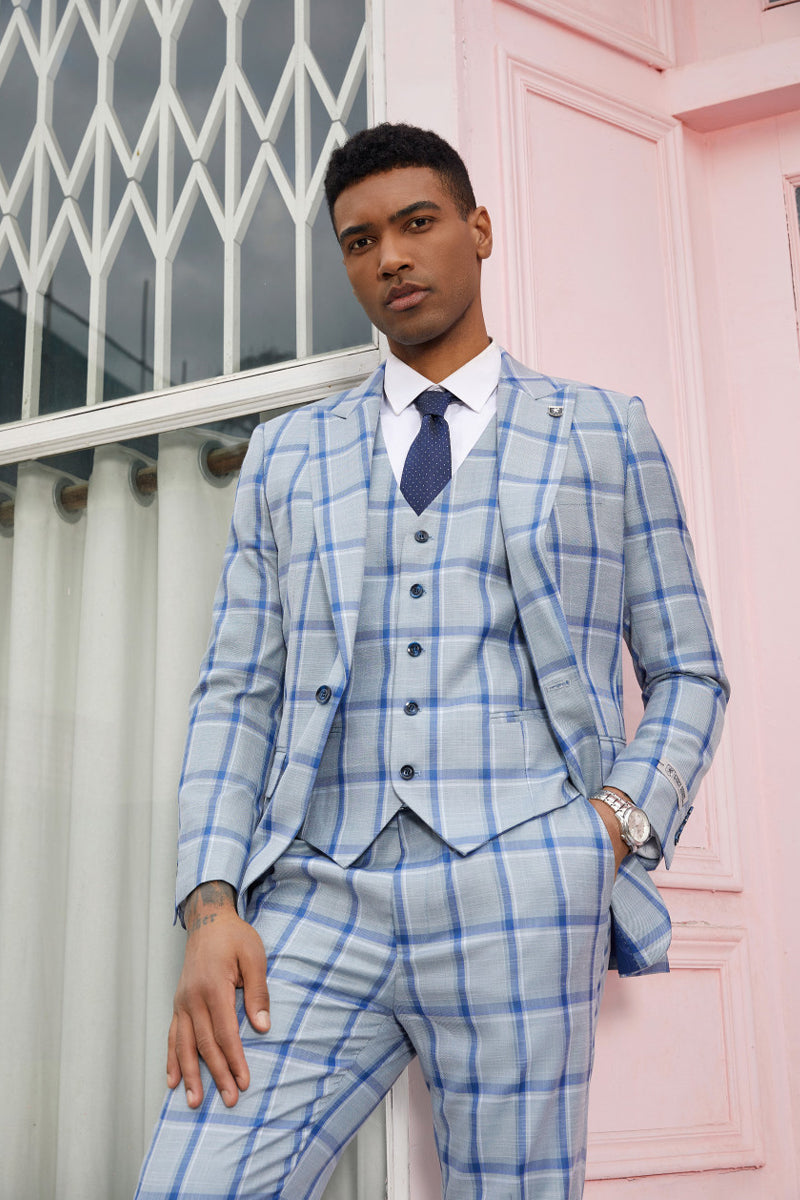 Stacy Adams Blue Windowpane Vested Peak Lapel Suit