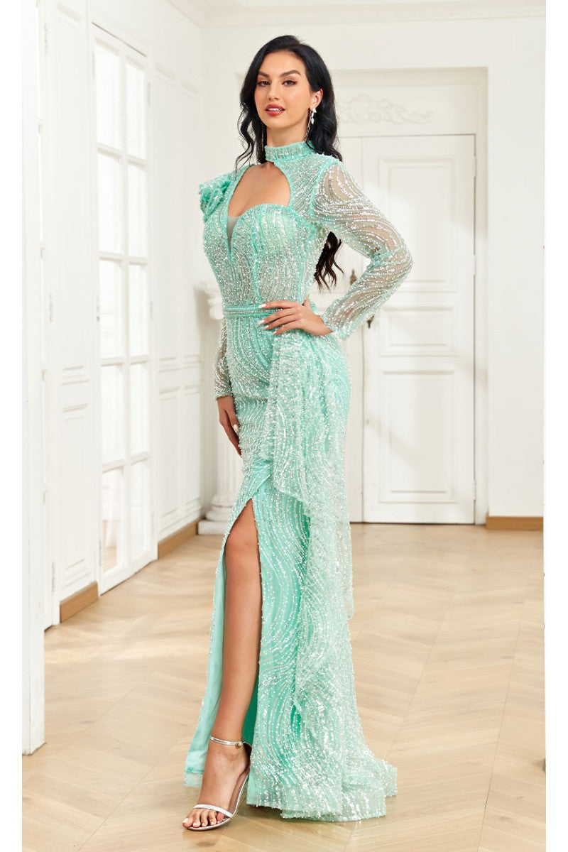 High Couture NR2284 Fitted Long Ruffle Sequin Formal Evening Dress