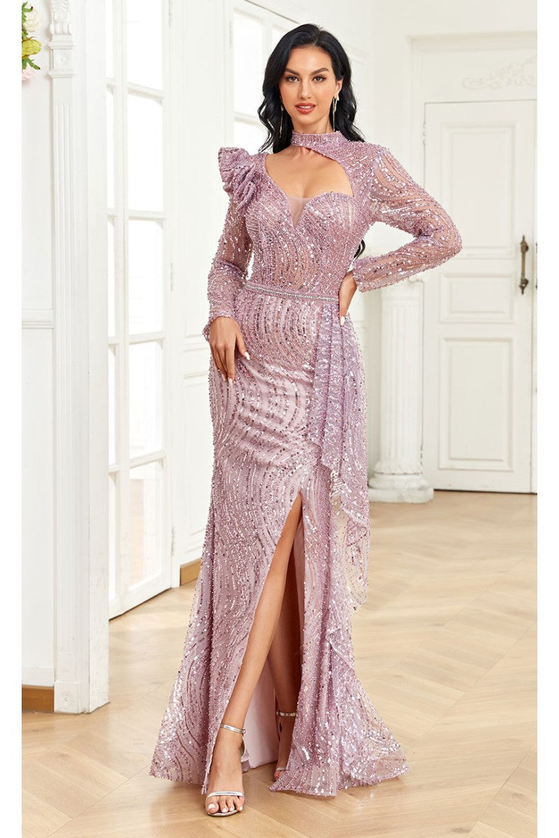 High Couture NR2284 Fitted Long Ruffle Sequin Formal Evening Dress