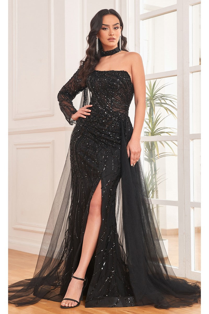 High Couture NR2292 Long Slit Formal Fitted Sequin Evening Dress