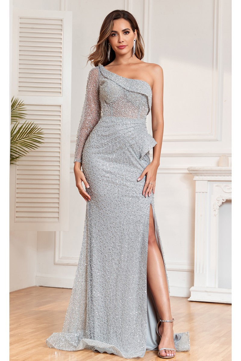 High Couture NR2325 Long Slit Formal Beaded Sequin Evening Dress