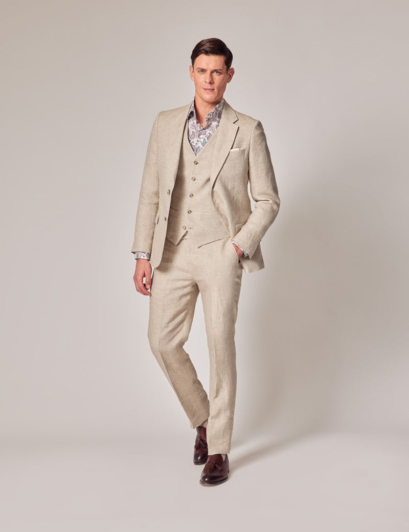 Men's Linen Beach Wedding Suit Natural Herringbone