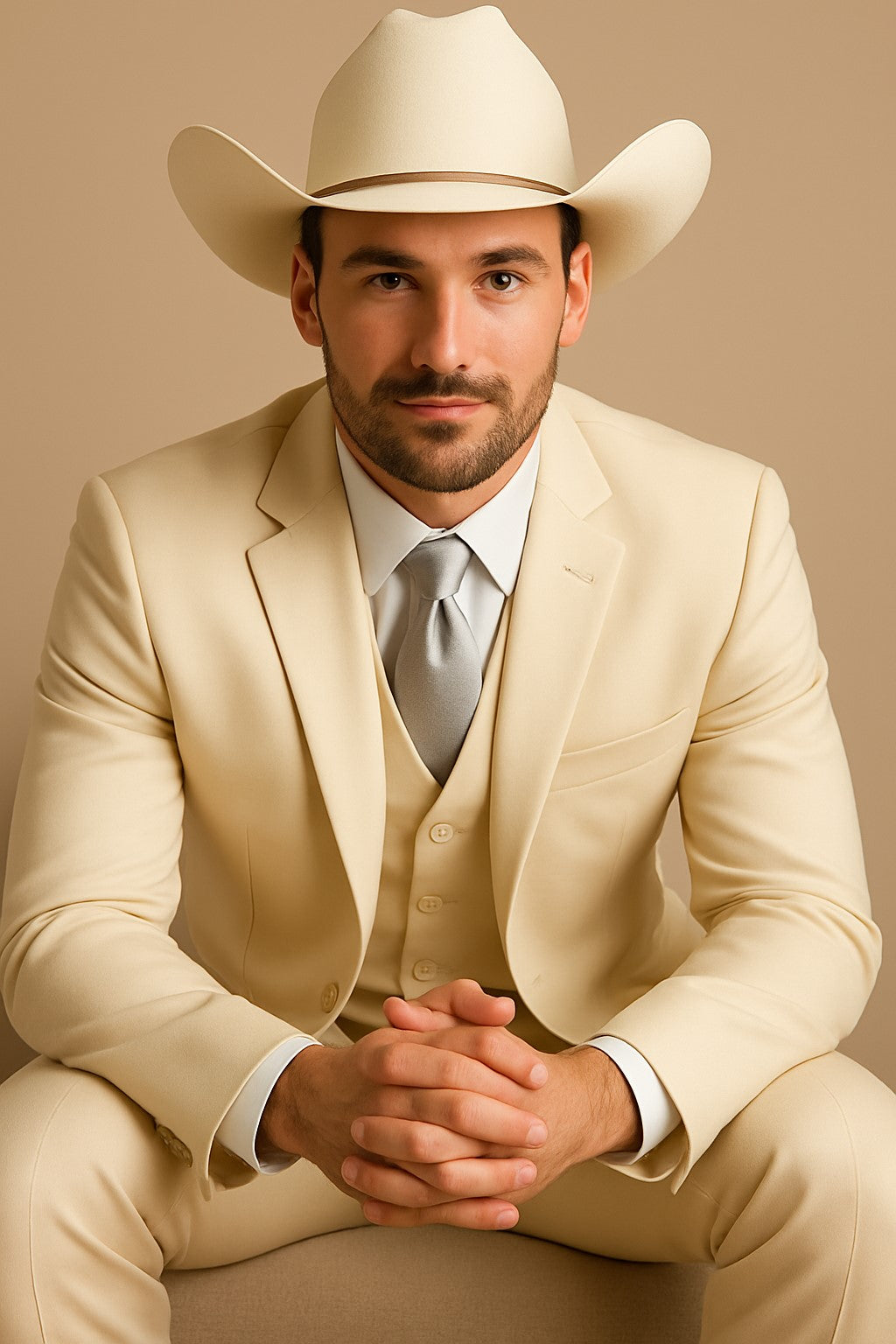 Mens Natural - Sand Cowboy Tuxedo - White Cowboy Suit - Western Suit (Jacket + Pants)