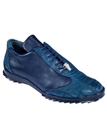 Men's Navy Blue Genuine Ostrich Leg Los Altos Handmade Dress Sneaker Mens Ostrich Skin Shoes