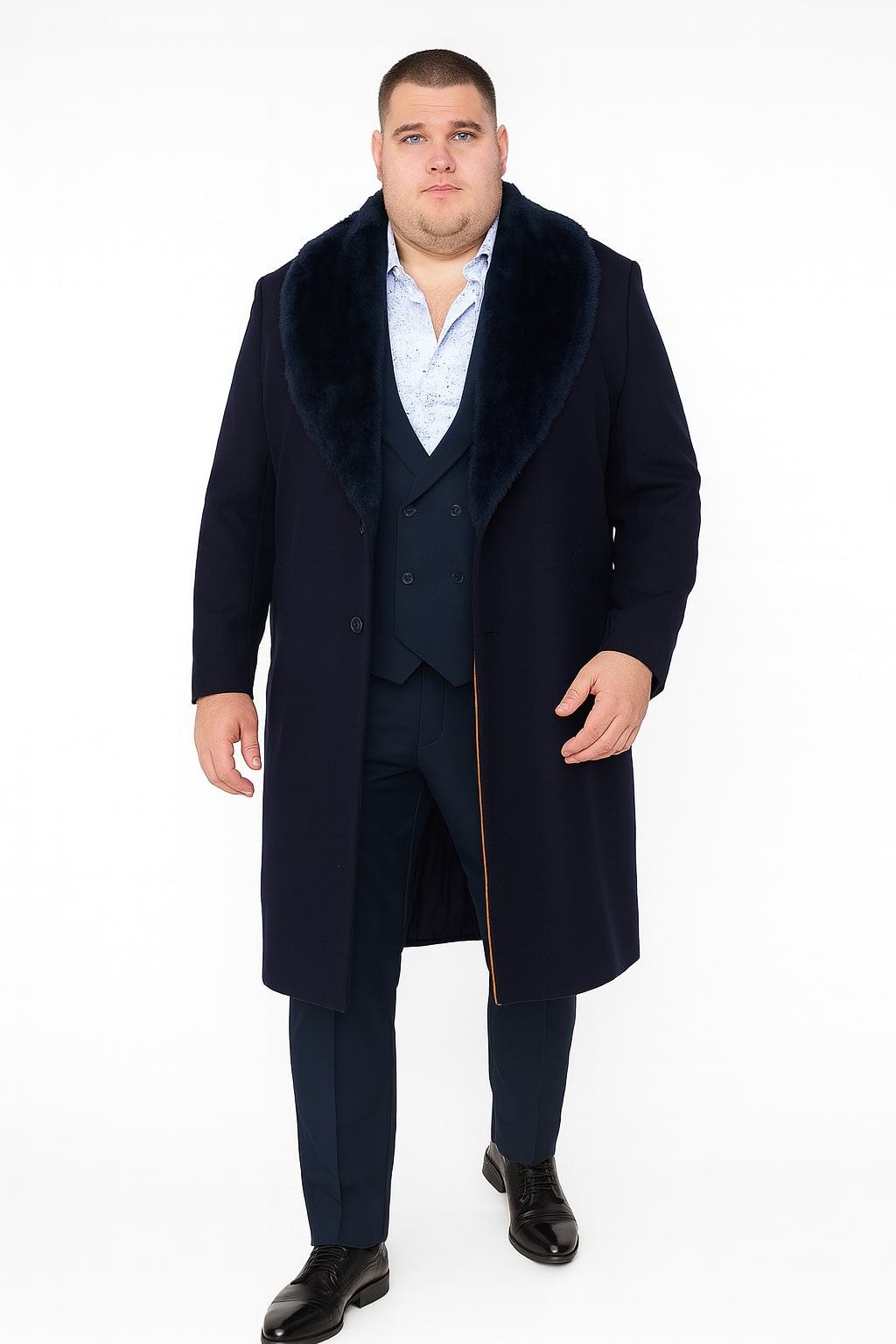 Men's Navy Overcoat with Faux Fur Collar