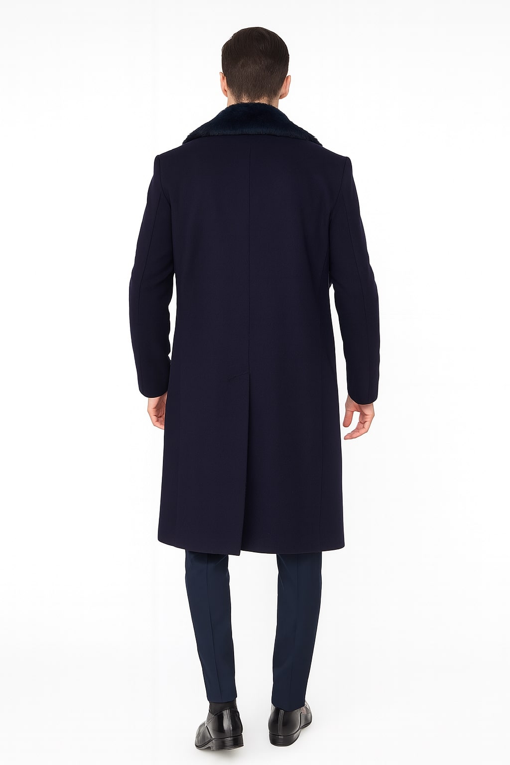 Men's Navy Overcoat with Faux Fur Collar