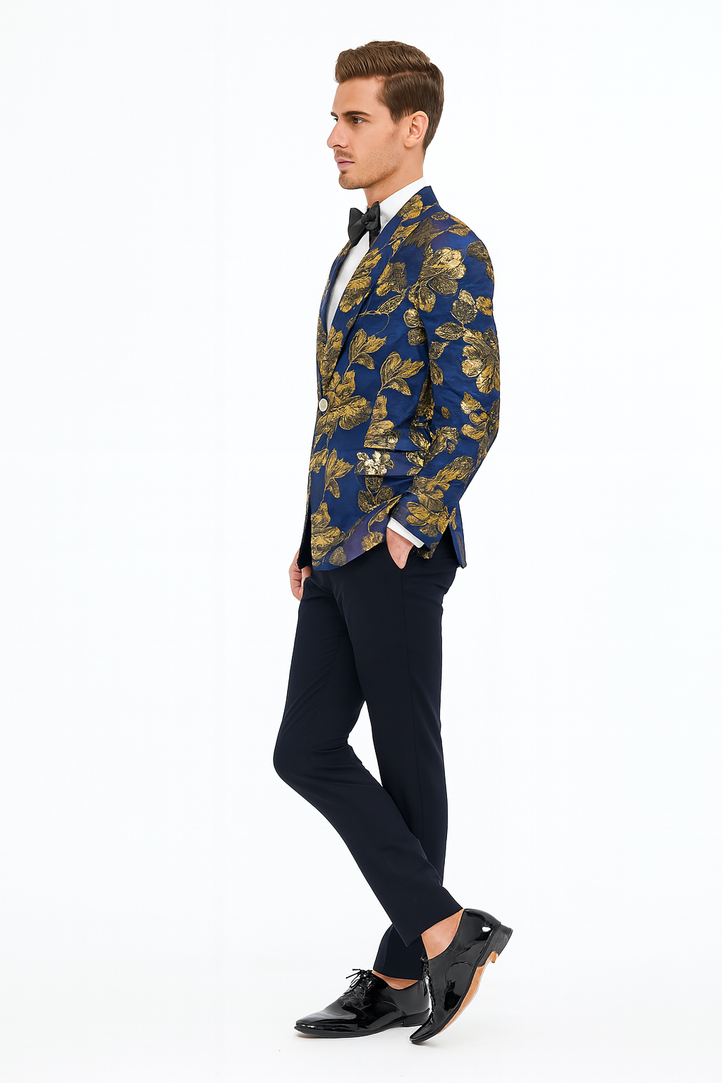 Navy Blue & Gold Slim Fit Tuxedo Blazer
