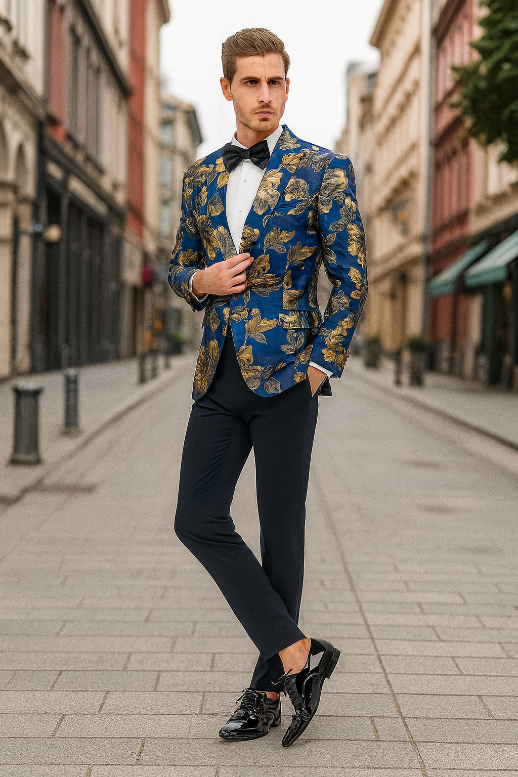 Navy Blue & Gold Slim Fit Tuxedo Blazer