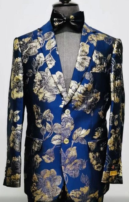 Navy Blue & Gold Slim Fit Tuxedo Blazer