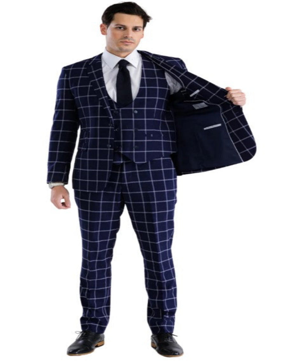 Men's Navy Plaid Windowpane Suit with Vest